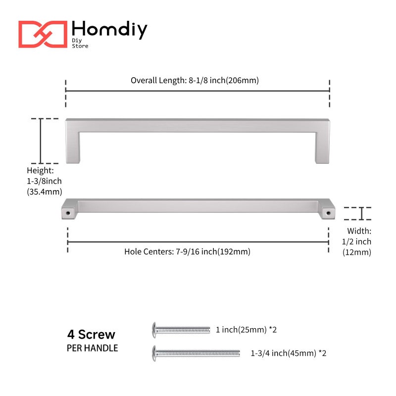 homdiy 25 Pack 7-1/2 Inch Brushed Nickel Cabinet Pulls Square Dresser Handles Stainless Steel Hardware for Drawer, Cupboard - Image 2